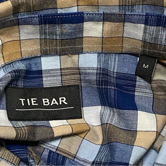 Tie Bar Blue Brown Plaid Trim Fit Short Sleeve Button Down Shirt Medium NWT - Picture 4 of 7